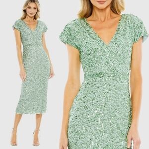 NWT MAC‎ DUGGAL 10766 Sequined Cap Sleeve Wrap Over Cocktail Midi Dress Sage 12